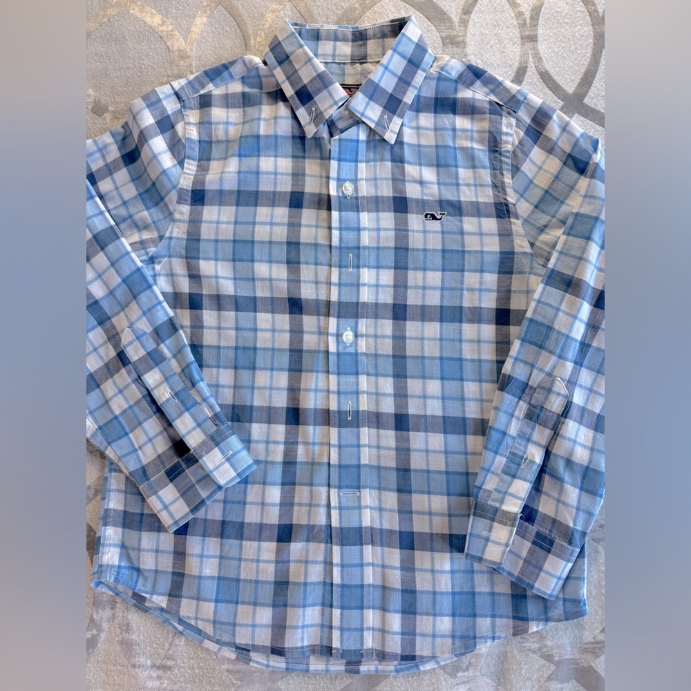 Vineyard Vines Blue / White Plaid Button-Down Whale Shirt Boys Size 6